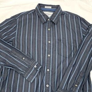 Men American Eagle Gray/Blue Lt Blue Stripe Vtg Fit Button Long Sleeve Shirt XL